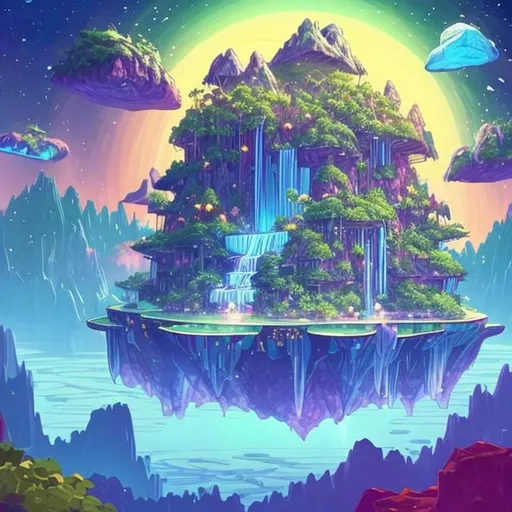 Prompt: a floating island in space, with waterfalls, forests, and colorful plants. with galaxies surrounding it