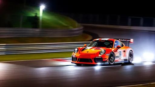 Prompt: Porsche GT3 car taking a corner at the Nurburgring at night, intense, racing, brake light trail, headlight trail, long exposure,