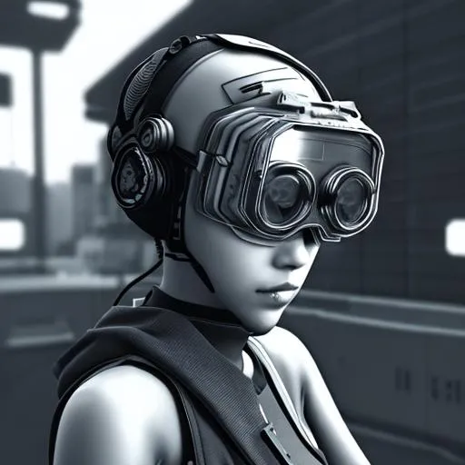 Prompt: short haired cyberpunk girl with transparent  goggles in gray scale
