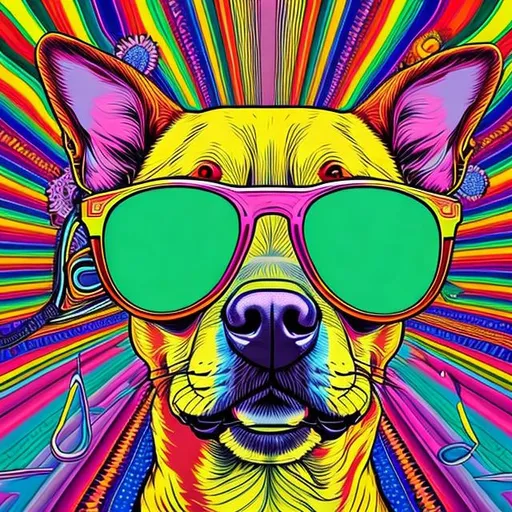 Prompt: portrait of dog wearing sunglasses and headband, portrait, Art of the music cover album, Vibrant, Colorful, In the style of The Beetles, Extremely Detailed, Trippy