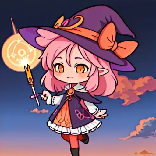 Prompt: sky Witch, colors are sunset-themed, lacy witch hat and witch outfit sunset colored with clouds and sun pattern, wand topped with a cloud, best quality, masterpiece, background in the sky
