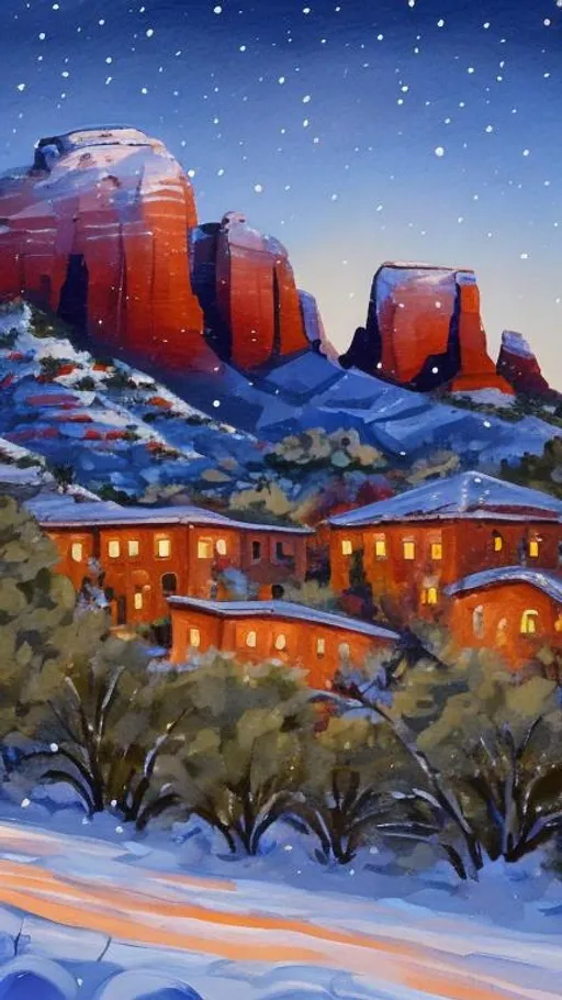 Prompt: Painting of the Snowy Sedona Landscape at night.