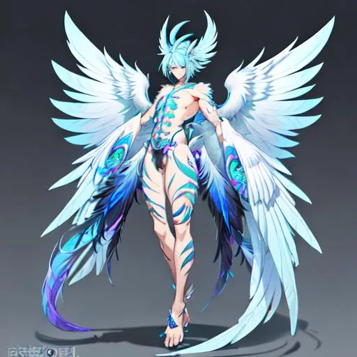 Prompt: Full body of a male harpy. He has blue and purple feathers on his face and skin. His hair is made of peacock feathers. He has two large wings. He has a long tail covered in feathers like Sinosauropteryx. He has black claws. He has glowing tattoos on his skin. His skin is covered in feathers and scales. His eyes are yellow with slit pupils. His legs are covered in black scales and he has black claws like a raven. He has golden tattoos and gold eyes.