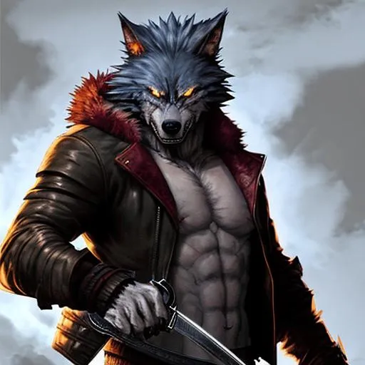 a badass werewolf wearing a jacket and holding a sword