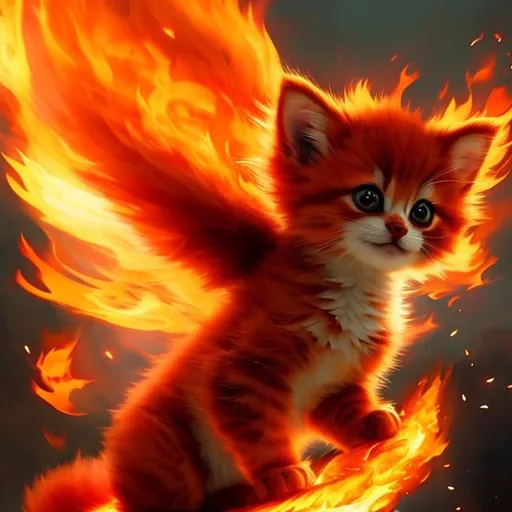 Prompt: Cute, red, fluffy, fire kitten, possessing the element of fire and making circles of fire
 move around in the air in a magical way. Perfect features, extremely detailed, realistic. Krenz Cushart + loish +gaston bussiere +craig mullins, j. c. leyendecker +Artgerm.