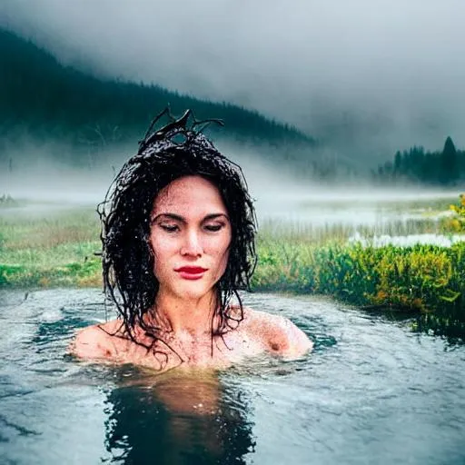 Prompt: A woman angel bathing in an heavenly pond,  white mountains in the background, mist and fog, wet body, wet hair, symmetrical face, freckles, side lighting, white leaves