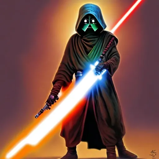 Prompt: A jawa-jedi with a rainbow colored lightsaber blade.