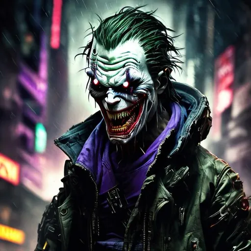 Prompt: Black, khaki and purple futuristic cyberpunk joker. Face scars. Sharp teeth. Tattoos. Muscular. Accurate. realistic. Bionic jaw. evil eyes. Slow exposure. Detailed. Dirty. Dark and gritty. Post-apocalyptic Neo Tokyo. Futuristic. Shadows. Sinister. Armed. Fanatic. Intense. Heavy rain. Explosion. Burning car in background