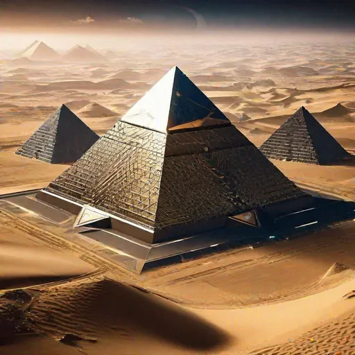 Prompt: Create a captivating image that reimagines the Great Pyramids as awe-inspiring futuristic structures on an extraterrestrial landscape. Rising from an alien desert, the Pyramids gleam with a metallic sheen, reflecting the light of distant stars. The triangular forms are enhanced with intricate circuitry patterns that pulse with energy, suggesting a fusion of ancient mystique and advanced technology. The desert expanse around them is dotted with dazzling flora, casting an otherworldly glow. Hovering spacecraft, reminiscent of both ancient symbolism and advanced engineering, circle the Pyramids, hinting at an interstellar civilization. The sky above showcases unfamiliar constellations, reminding viewers that this scene is not on Earth. The blend of the familiar and the unknown captures the essence of a sci-fi journey through time and space. Ensure the best resolution and the highest quality of the image.