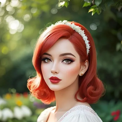 Prompt: a beautiful woman in a garden,  60's hair style, 60's makeup, carmine lips, light red hair, perfect composition, super detailed, high quality, facial closeup, warm color scheme