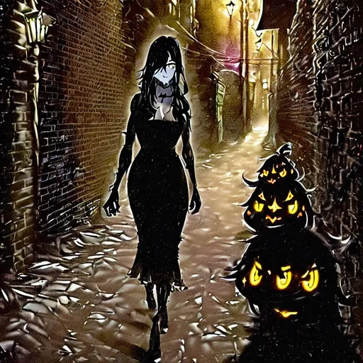 Prompt: We see a dark and shadowy alleyway, with tall brick walls on either side and a few flickering streetlights casting eerie yellow light. The alley is narrow, with a few dumpsters and piles of garbage lining the walls. The ground is uneven and littered with debris.
In the middle of the alley, we see a woman, named LENA, in her late twenties. She is dressed in a simple black coat, with a scarf wrapped tightly around her neck. Lena looks around nervously, her eyes wide and alert. She seems to be lost or disoriented, and her body language is tense and defensive.
Behind Lena, we can see the faint outline of two dark figures, their faces obscured in the shadows. They seem to be following Lena, their footsteps slow and deliberate.
The atmosphere is tense and unsettling, with an undercurrent of danger and fear. Lena's face is partially illuminated by a flickering streetlight, and we can see the fear in her eyes.