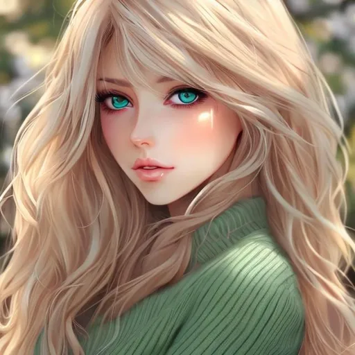 Prompt: Gorgeous woman, beautiful, semi realistic anime style, long blond hair, spring green eyes.