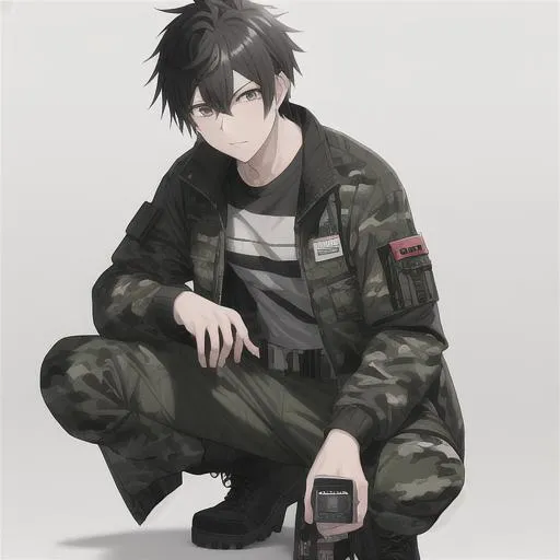 Prompt:  Yuichi 1male. {{Black spiky hair}} Wearing a camouflage jacket, cargo pants, sturdy boots, utility belt with pockets. Adam Manyoki, UHD. 4K. Highly detailed face. Adult. Squatting on the ground, extending his hand out