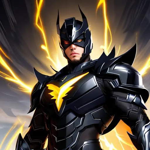 Prompt: absolute digital painting comical highly detail masterpiece render ultra high definition night hero dark aura grey black suited hero wear half caped muscular brave strong superb super heroic flexing pose armored shoulders eyes glowing gold menacing garuda chest symbol lucador black lightning red visor