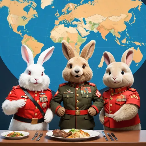 Prompt: one cute eagle in US Marine uniform. one cute brown bear in Russian military uniform. one cute white Rabbit in Chinese PLA uniform.

these three animals smile and take dinner together in a Spaceship, a world map at background