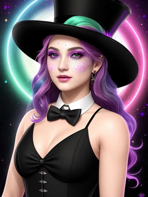 Prompt: Create an 8K resolution digital art portrait of the Goddess of the Dark Rainbow, Aurora, with a young, pop, and elegant appearance. The portrait should be a head and shoulders view, showcasing her as a trickster and entertainer, wearing a black tux and top hat. The style should be fantasy magic with tiny soft freckles, hyper-detailed painting, and dynamic lighting that creates a clear and deep color effect. Use a triadic color scheme and add Unreal Engine 5 volumetric lighting to enhance the overall effect. The portrait should be created by Greg Rutkowski, Artgerm, WLOP, Alphonse Mucha, or one of the other artists known for creating intricate and highly detailed artwork. The environment should also be detailed and intricate, featuring global illumination, and rendered in Unreal Engine 5. The overall effect should be sharp and focused, with a studio photo feel, and trending on ArtStation.