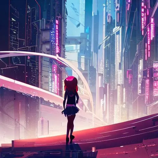 Prompt: city shown from a girls 3rd person view  massive  anime cyberpunk city with incredible futuristics architecture, full of life and action, hyper detailed, city shown from a girls perspective 
superrealistic,4k,8k,dramatic lighting