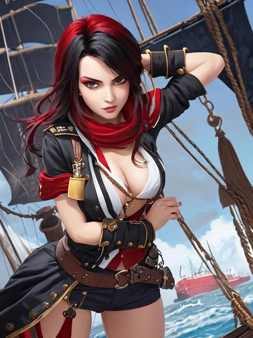 Prompt: ombre red-black hair, pirate captain, girl, solo, daunting, intimidating, serious, cruel, mole under eye, docked galleon ship in background, bodacious, mole on body, fullbody, ((full body)) {{good looking}} {{cute}} {{good body}} {{tight}}, symmetrically colored hair, {{shadows}},
