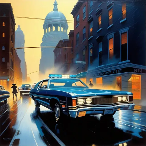 Prompt: 1970s Boston, car chase, rain, fog, dark blue atmosphere, cartoony style, extremely detailed painting by Greg Rutkowski and by Henry Justice Ford and by Steve Henderson