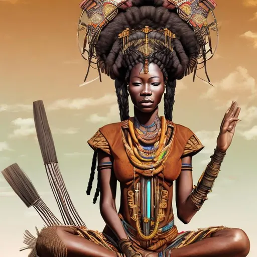 Prompt: African massai lady wearing a samurai mask, floating and meditating on an open african savannah with goddess body semi dressed with six inch boots   Photoshop brushes to give it an artist feel
