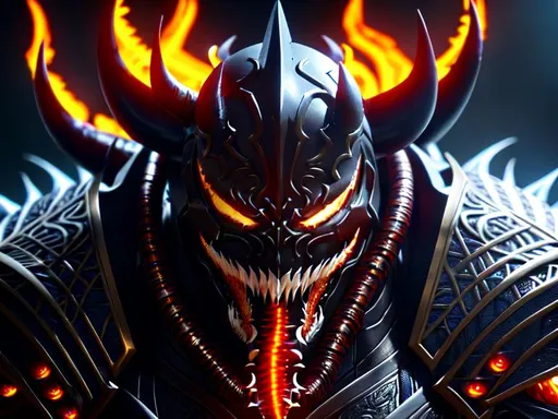 Prompt: a death knight with a Venom mouth (Venom movie), with horns on his forehead, orange fire eyes, finely detailed armor,cinematic lighting, intricate filigree metal design, 4k, 8k,trending on artstation, octane render, full form, epic, 8k HD, sharp focus, ultra realistic clarity. Hyper realistic, Detailed face, portrait, realistic, close to perfection, wearing lorica segmentata color black , wearing carbon black fibre Armour, full body, high quality cell shaded illustration, ((full body)), dynamic pose, perfect anatomy.
