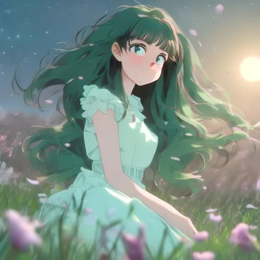 Prompt: A 15 year old girl wearing a mint green dress with black hair and green eyes in a field of flowers at night in anime