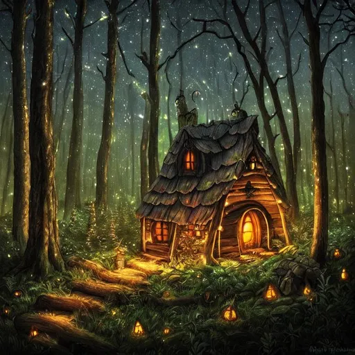 witch's hut, dark summer forest at night, magic, fan...