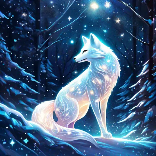 Prompt: An elegant translucent white kitsune that is glowing, sparkles trailing behind, in a winter forest, beneath the milky way galaxy, bioluminescent, highres, best quality, concept art