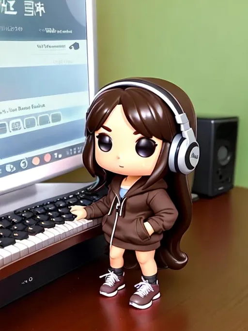 Prompt: cute funko pop female figure, below shoulder length wavy dark brown hair, brown eyes, holding a keyboard, wearing a headset, wearing a full black hoodie