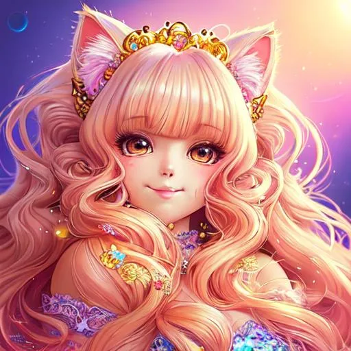 Prompt: Portrait Of A Cute Cat, Fluffy, Long Hair, Hyperdetalization Of Eyes, Lace, Beautiful Dress, Rhinestones, Sequins, Kind Face, Cute Smiles, Soft Facial Features, Thick Eyelashes, Jewelry, Lisa Frank, Anime, Anna Dittmann, Fantasy Art, Concept Art, Colourful Lighting, Golden Hour, anime character, background digital painting, digital illustration, extreme detail, digital art, ultra hd, vintage photography, beautiful, aesthetic, style, hd photography, hyperrealism, extreme long shot, telephoto lens, motion blur, wide angle lens, sweet,