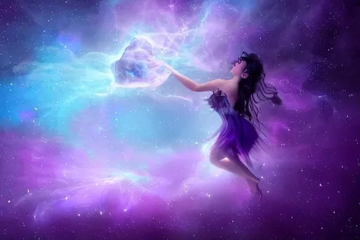 Prompt: a purple fairy with a light blue aura, the night sky, fireflies, a purple supernova, the beginning of the world, 4k UHD