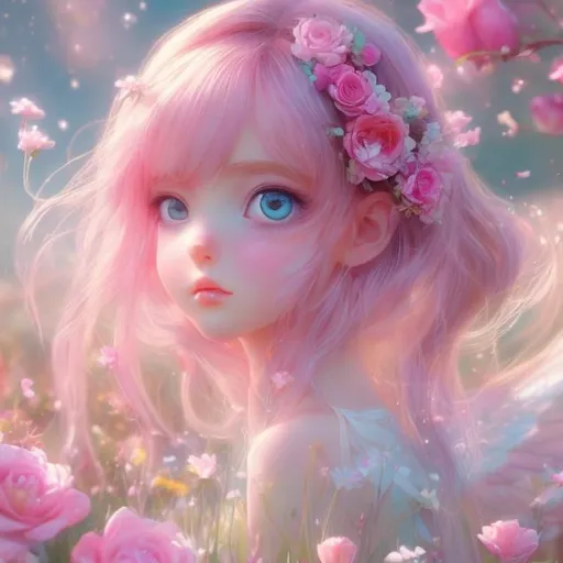 Prompt: a young spring fairy, beautiful, straight hair, pink glow on cheeks, wild flowers, dreamy landscape, pink roses, bright colors, animeart, closeup