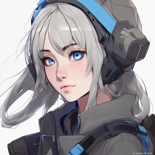 Prompt: A  girl soldier mathematician that in a anime like style and has a big blue eyes with long lashes pointy nose and cute lips and has gray hair that has black highlight at the and a cool clothes and her background is math signs and has a plain color (stable diffusion xl 1.0)