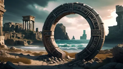 Prompt: magical portal between cities realms worlds kingdoms, circular portal, ring standing on edge, upright ring, freestanding ring, hieroglyphs on ring, broken ring, ruins, crumbling pillars, broken archways, ancient roman architecture, seaside wilderness setting, panoramic view, futuristic cyberpunk tech-noir setting