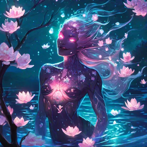 Prompt: A murderous translucent merfolk that is glowing, on a lake surrounded by cherry blossom trees, beneath the stars, bioluminescent, scary, horrifying, terrifying, creepy, highres, best quality, concept art