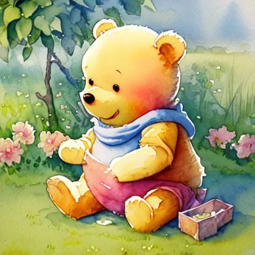 Prompt: Lovely watercolour painting of a cute happy pooh bear playing, Muted colours, Storybook Illustration, Charming