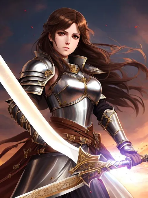 Prompt: A female knight with brown hair holding a magic sword, epic, dark fantasy, pose, 8k, HD, vibrant, high detail, cinematic, gritty, ethereal, full body, elspeth tirel, anime style, perfect face anime aesthetic, anime, battleground, fight, medieval war
