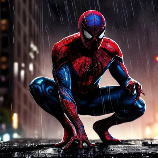 Prompt: spider-man is sitting. Venom. looks down. rain. thunderstorm. black suit.