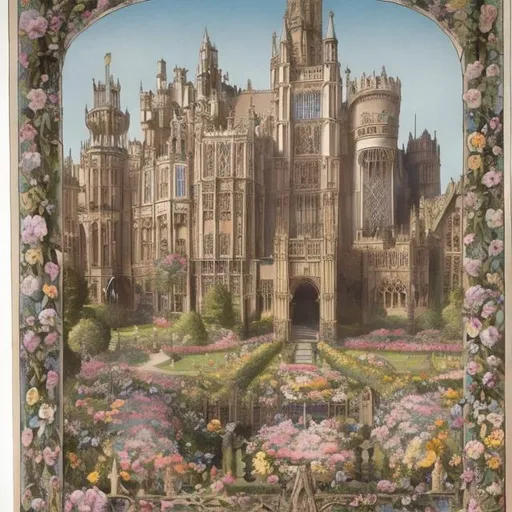 Prompt: Spring court from court of Thornes and roses with an ebsorbitant of flowers and ghotich and victorian architecture whit rampicants