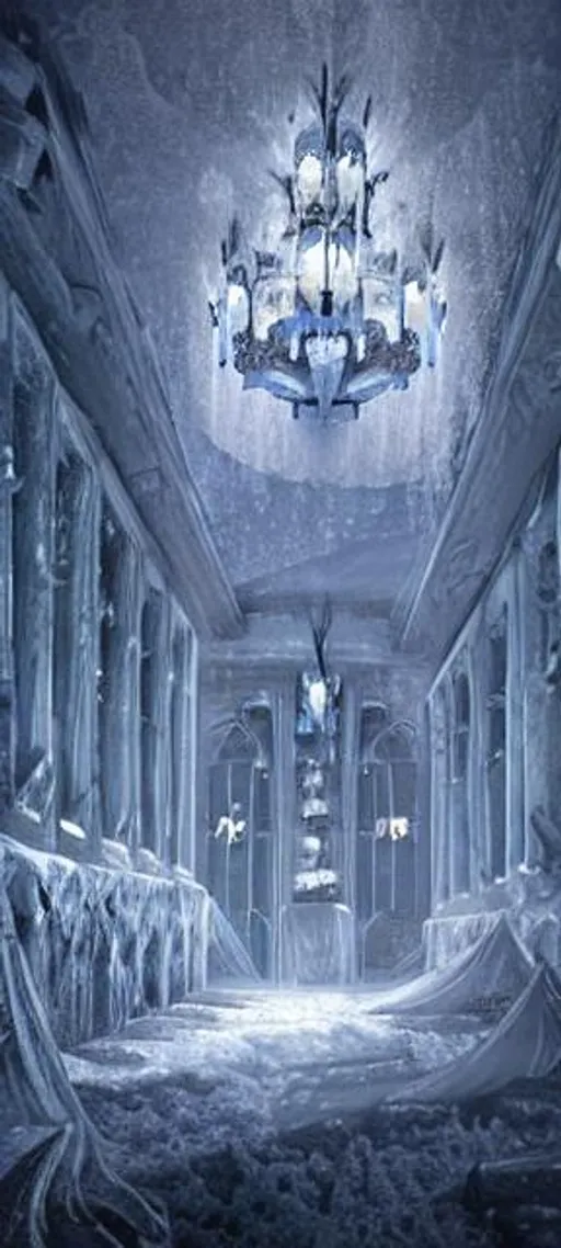 Prompt: Majestic interior of a cursed palace made of ice, frozen furniture, frozen walls, snow, ice spires, dark fantasy, cold lighting, ultra quality, digital art, semi realistic 