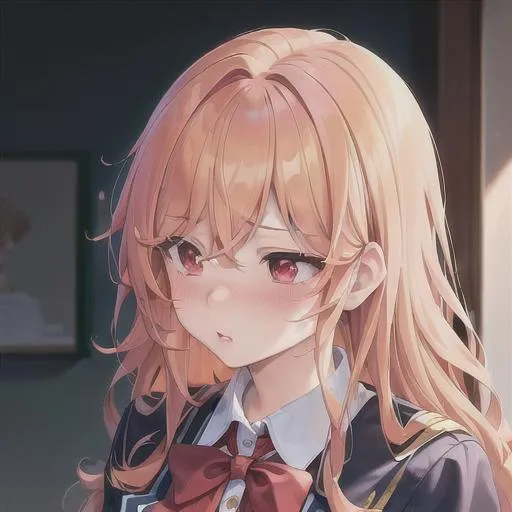 Prompt: (masterpiece, illustration, best quality:1.2), blushing, loli, tsundere, looking away in a flustered state, curly yellow hair, red eyes, wearing school uniform, best quality face, best quality, best quality skin, best quality eyes, best quality lips, ultra-detailed eyes, ultra-detailed hair, ultra-detailed, illustration, colorful, soft glow, 1 girl, leading into a desk