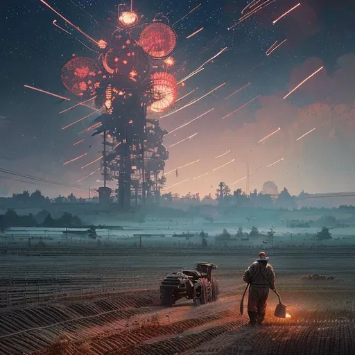 Prompt: an american farmer plowing his fields in a post apocalyptic world with long exposure stars in the sky traditional japanese ornaments by ismail inceoglu dragan bibin hans thoma greg ru