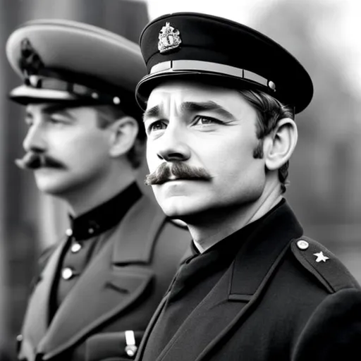 Prompt: Martin Freeman as a British policeman, a vintage moustache