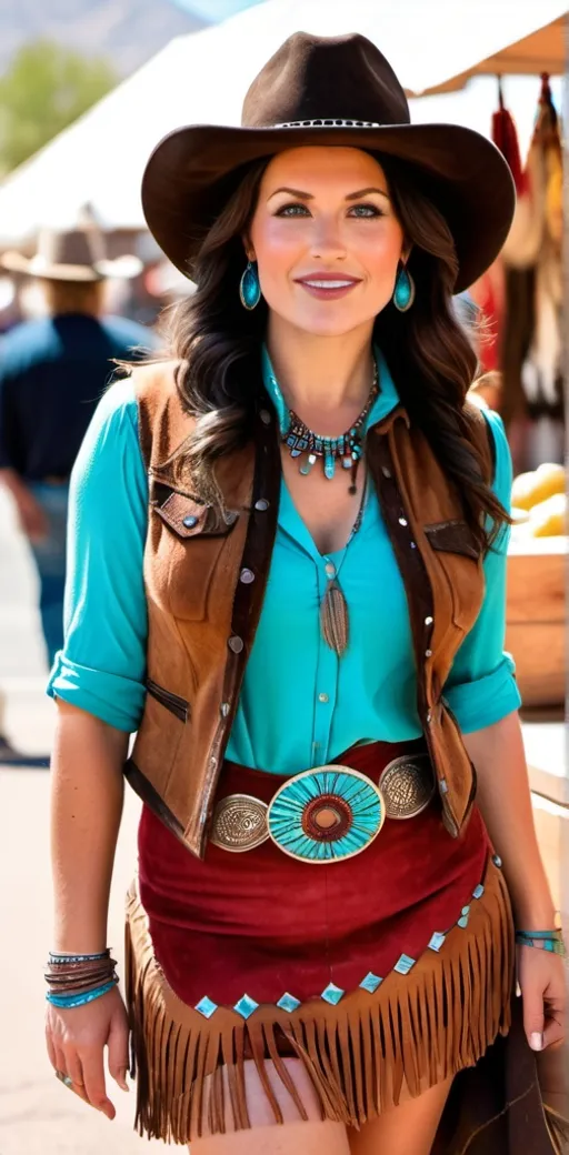 Prompt: Attractive curvaceous woman, age 35, long brunette hair, blue eyes, wearing a suede fringed vest, red checked shirt rolled up sleeves, brown suede mini skirt with fringe, suede boots, black western hat, turquoise jewelry, shopping a native crafts market in New Mexico, detailed facial features, outdoor, high-res photo, realistic, diverse crowd, bustling street market, American Southwest architecture, vibrant colors, natural lighting, perfect hands