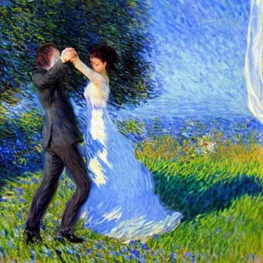 Prompt: wedding dress, wind ,  glass, sunny, blue sky ,A dancing slender bride,  Petals are dancing, impressionism,monet  