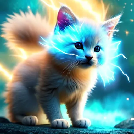 Prompt: Cute, yellow, lightning fur, cat made of lightning, possessing the element of lightning and making large floating spheres of lightning and electricity move around in the air in a magical way. Perfect features, extremely detailed, realistic, complimentary colors, light blue wispy aura in background, realistic cat