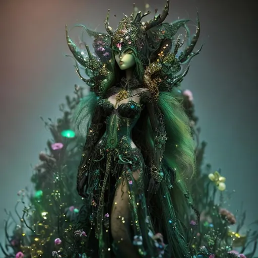 Prompt: needle-felted fantasy figure, woman, green black and gold, gems, flowers, veil, intricate details, insane details, volumetric lighting