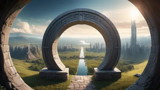 Prompt: circular portal, gateway between cities realms worlds kingdoms, ring standing on edge, freestanding ring, complete ring, panoramic view