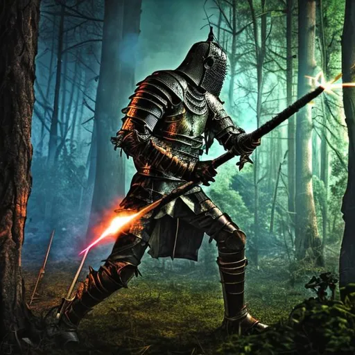 Prompt: A knight in a forest with a fire whip defending himself from zombies with laser guns  HDR