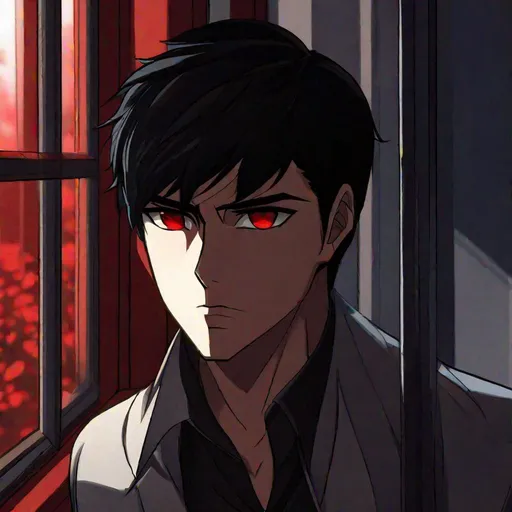 Prompt: Damien (male, short black hair, red eyes) staring out the window, stalking, sadistic look on his face